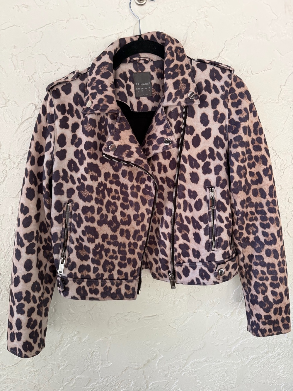 Primark Leopard-Print Faux Fur Biker Jacket in Pink and Brown